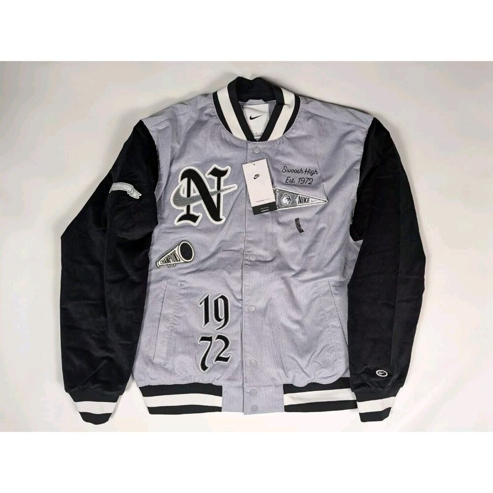 Nike Varsity Bomber Jacket 1972 Swoosh Letterman Black Men's Size Medium NWT